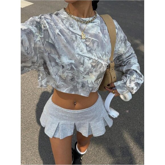 Women's Camo Print Crop Crewneck Sweatshirt Long Sleeve Vintage Y2K Top - Picture 3 of 5